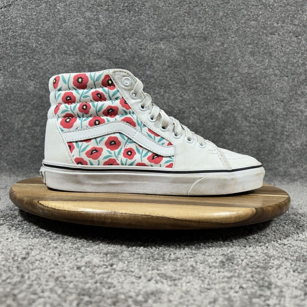 Vans Sk8-Hi Flowers Women’s Sz 8 Red Poppies Poppy Flowers Athletic Shoes Used